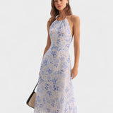 Clarice | Mėlynas gėlių midi suknelė su hanteliu iškirpte