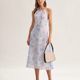 Clarice | Mėlynas gėlių midi suknelė su hanteliu iškirpte