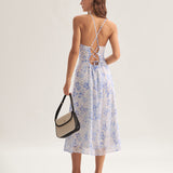 Clarice | Mėlynas gėlių midi suknelė su hanteliu iškirpte