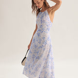 Clarice | Mėlynas gėlių midi suknelė su hanteliu iškirpte